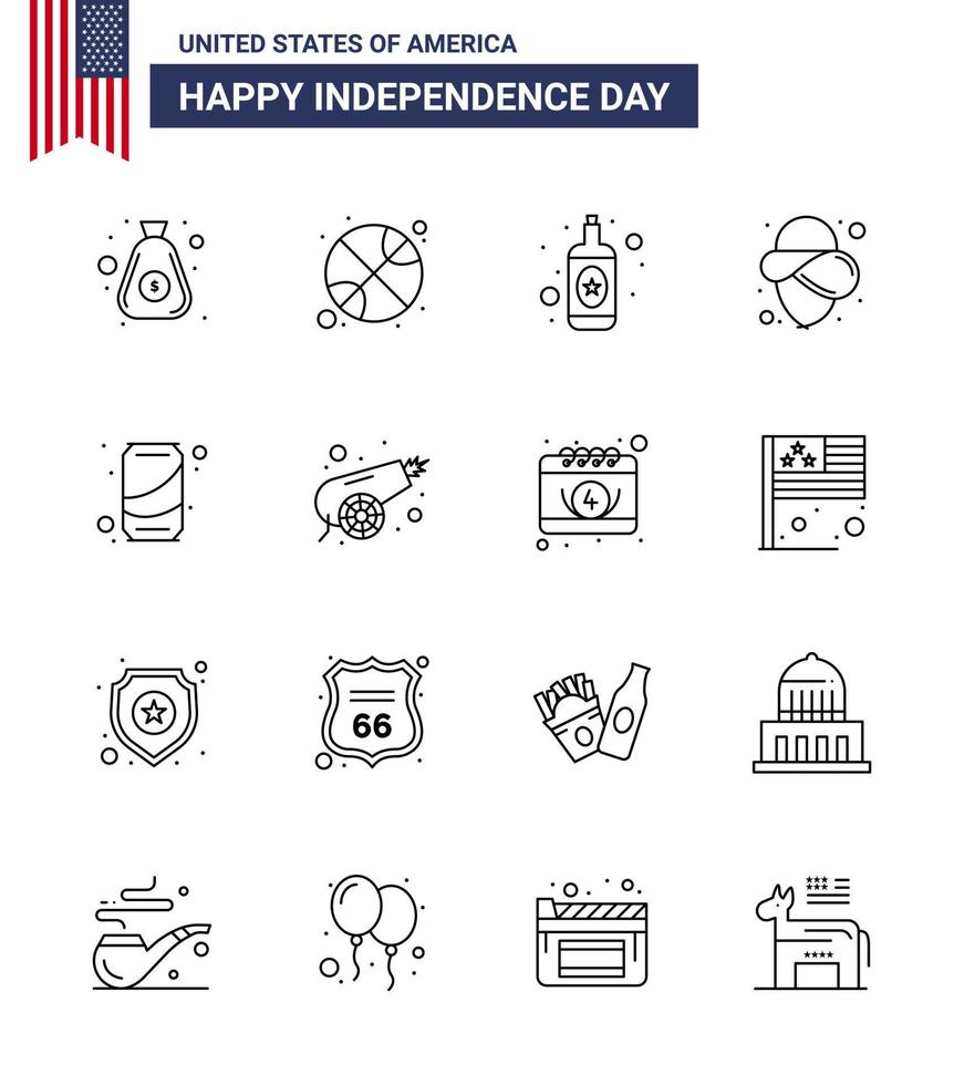 USA Happy Independence DayPictogram Set of 16 Simple Lines of cola can alcohol beer cowboy Editable USA Day Vector Design Elements