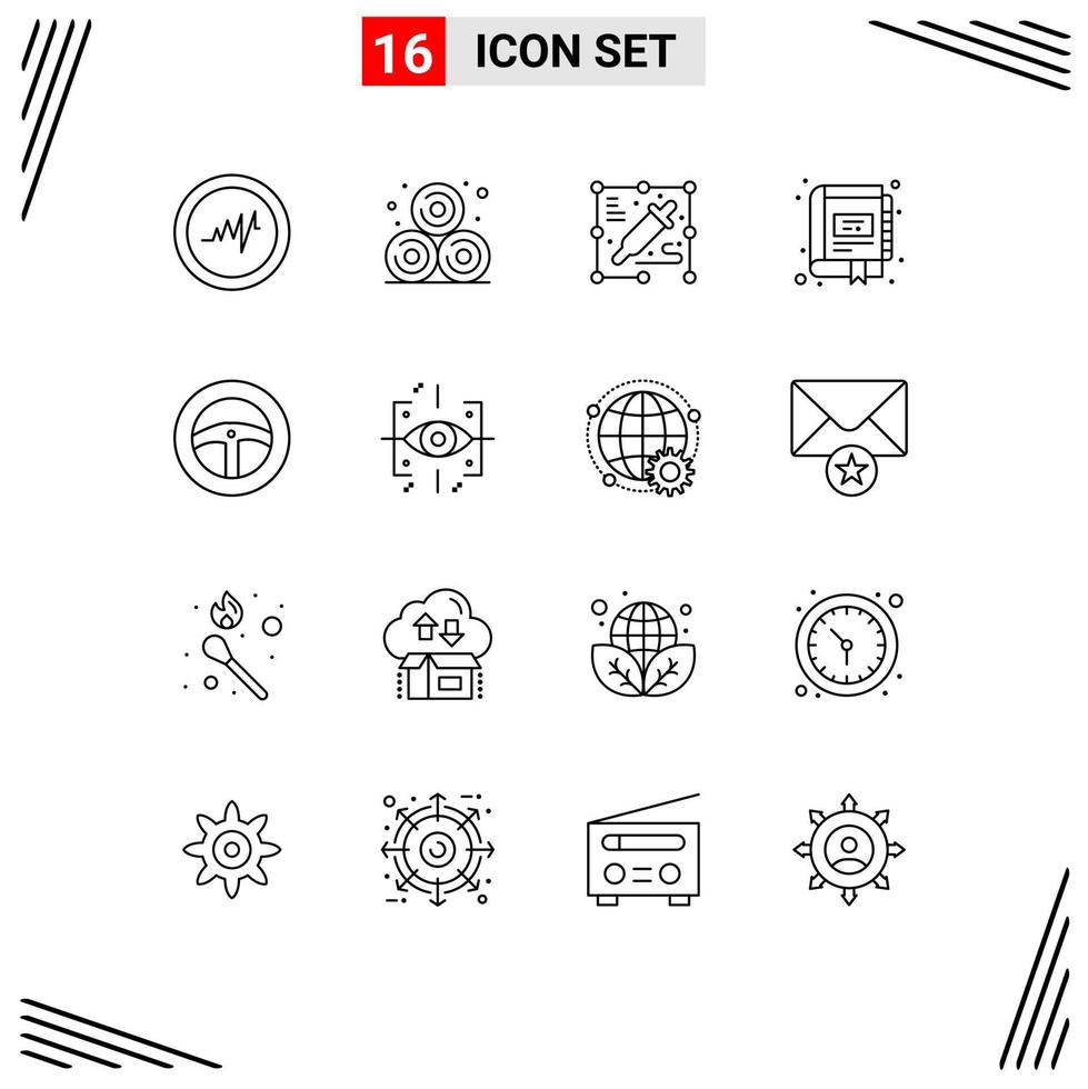 16 iconos creativos, signos y símbolos modernos de ingeniería, libro de ruedas, dirección, cuaderno, elementos de diseño vectorial editables vector