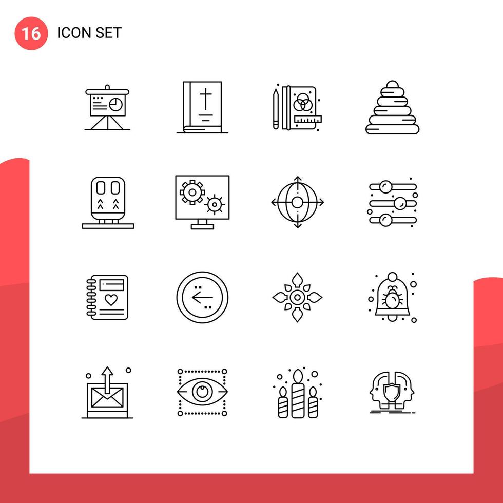 16 Universal Outlines Set for Web and Mobile Applications transportation railway creative back pyramid Editable Vector Design Elements