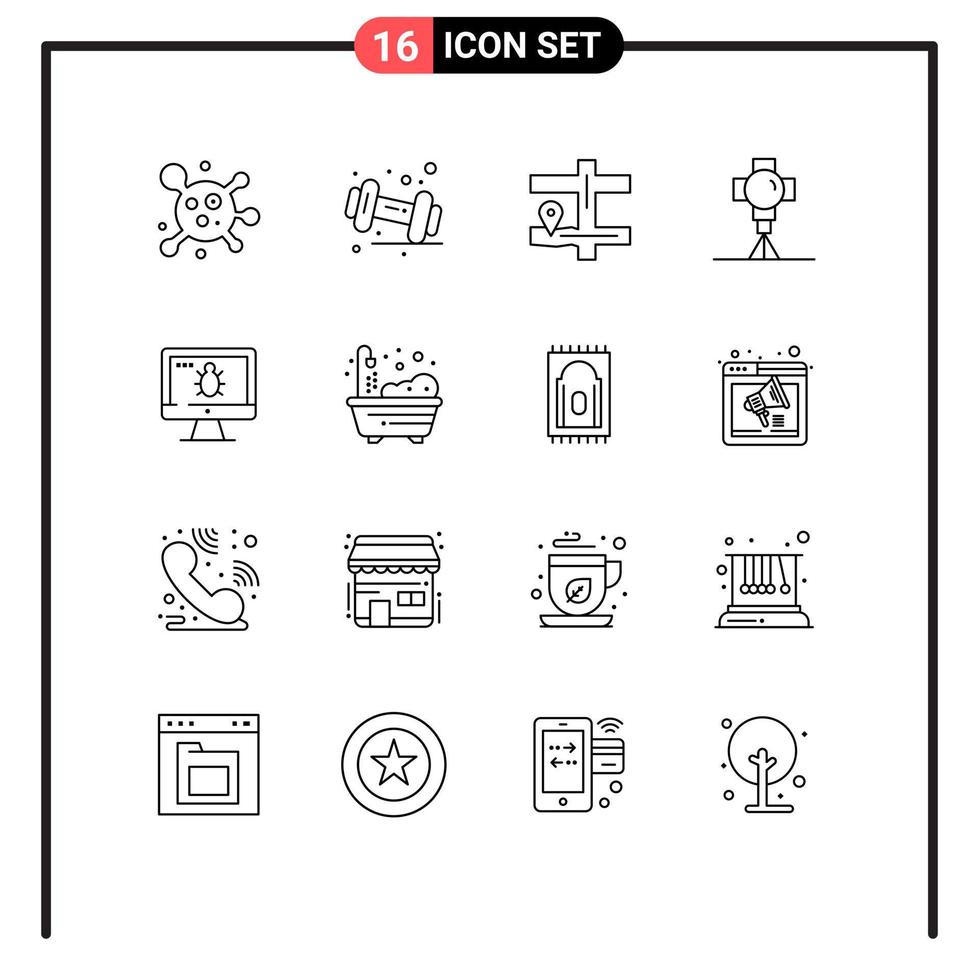 Group of 16 Outlines Signs and Symbols for screen monitor navigation movies light Editable Vector Design Elements