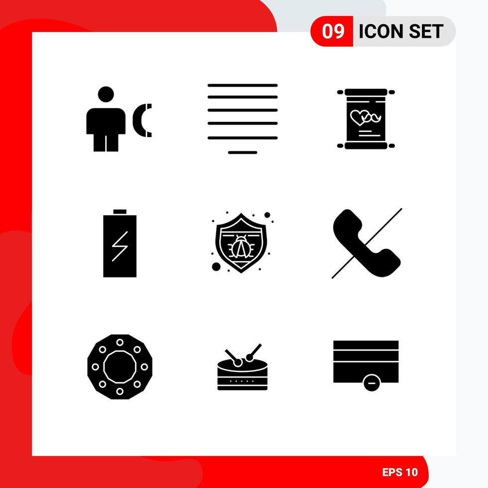 Universal Icon Symbols Group of 9 Modern Solid Glyphs of protection electric invitation charging battery Editable Vector Design Elements