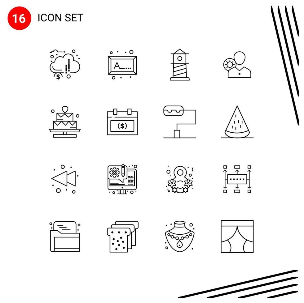 Pack of 16 Modern Outlines Signs and Symbols for Web Print Media such as user personal beach human efficiency Editable Vector Design Elements