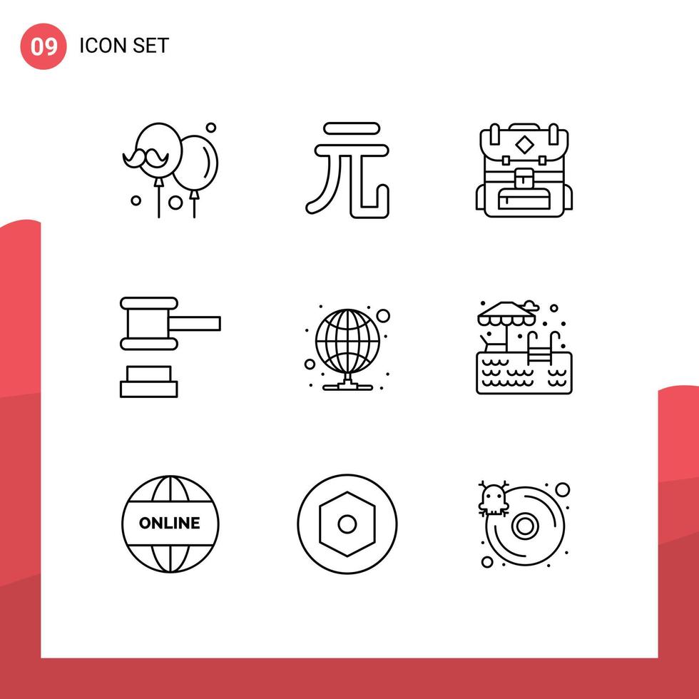 Editable Vector Line Pack of 9 Simple Outlines of server internet camping hosting justice Editable Vector Design Elements