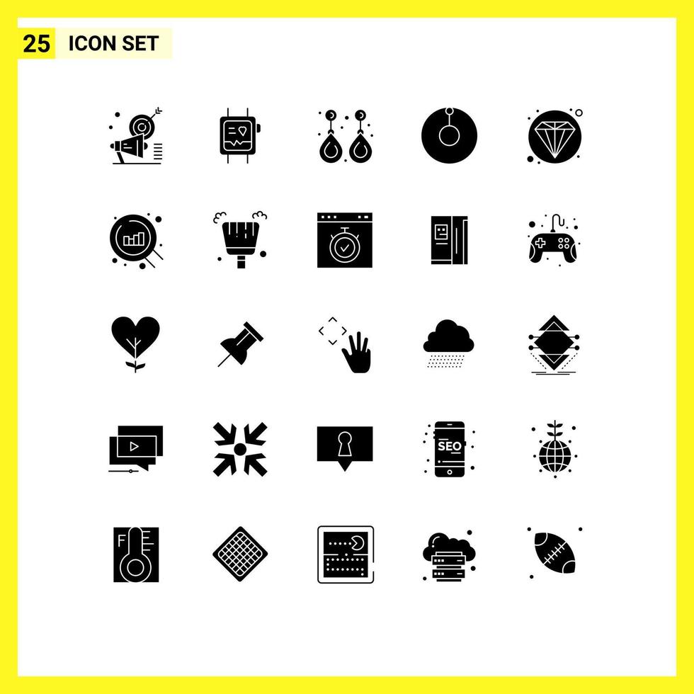 Pack of 25 Modern Solid Glyphs Signs and Symbols for Web Print Media such as web zenith watch astronomy jewelry Editable Vector Design Elements