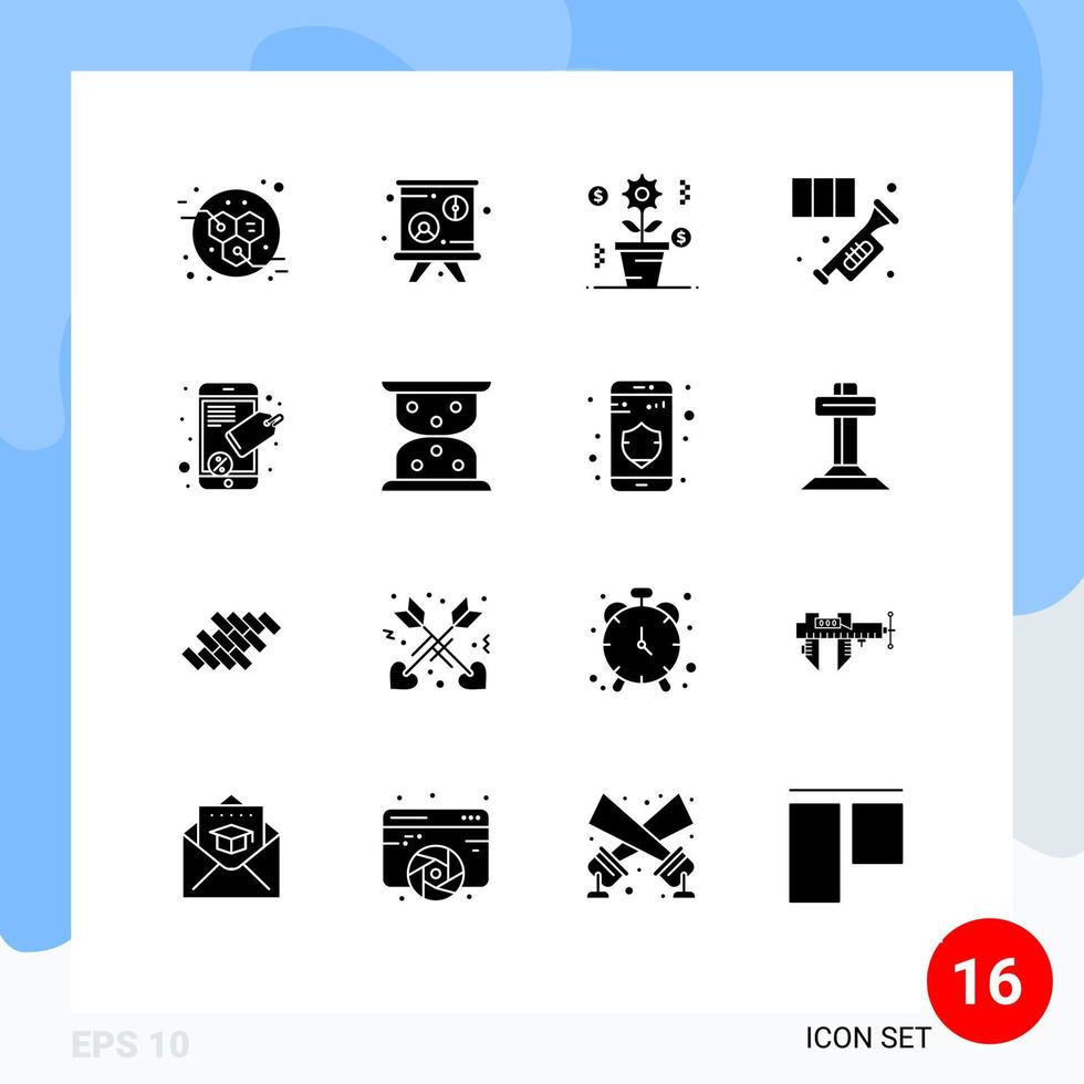 User Interface Pack of 16 Basic Solid Glyphs of seo tag connect education trumpet instrument Editable Vector Design Elements