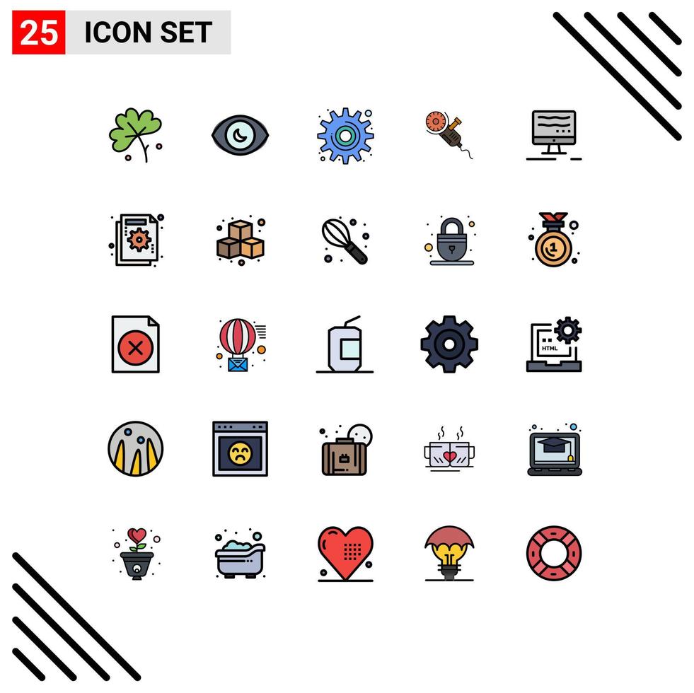 Pictogram Set of 25 Simple Filled line Flat Colors of computer tool cog power saw Editable Vector Design Elements