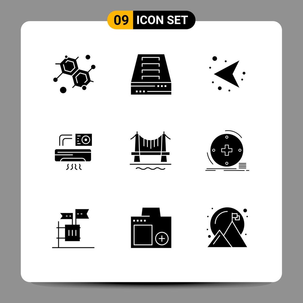 Modern Set of 9 Solid Glyphs Pictograph of city bridge direction room aircondition Editable Vector Design Elements