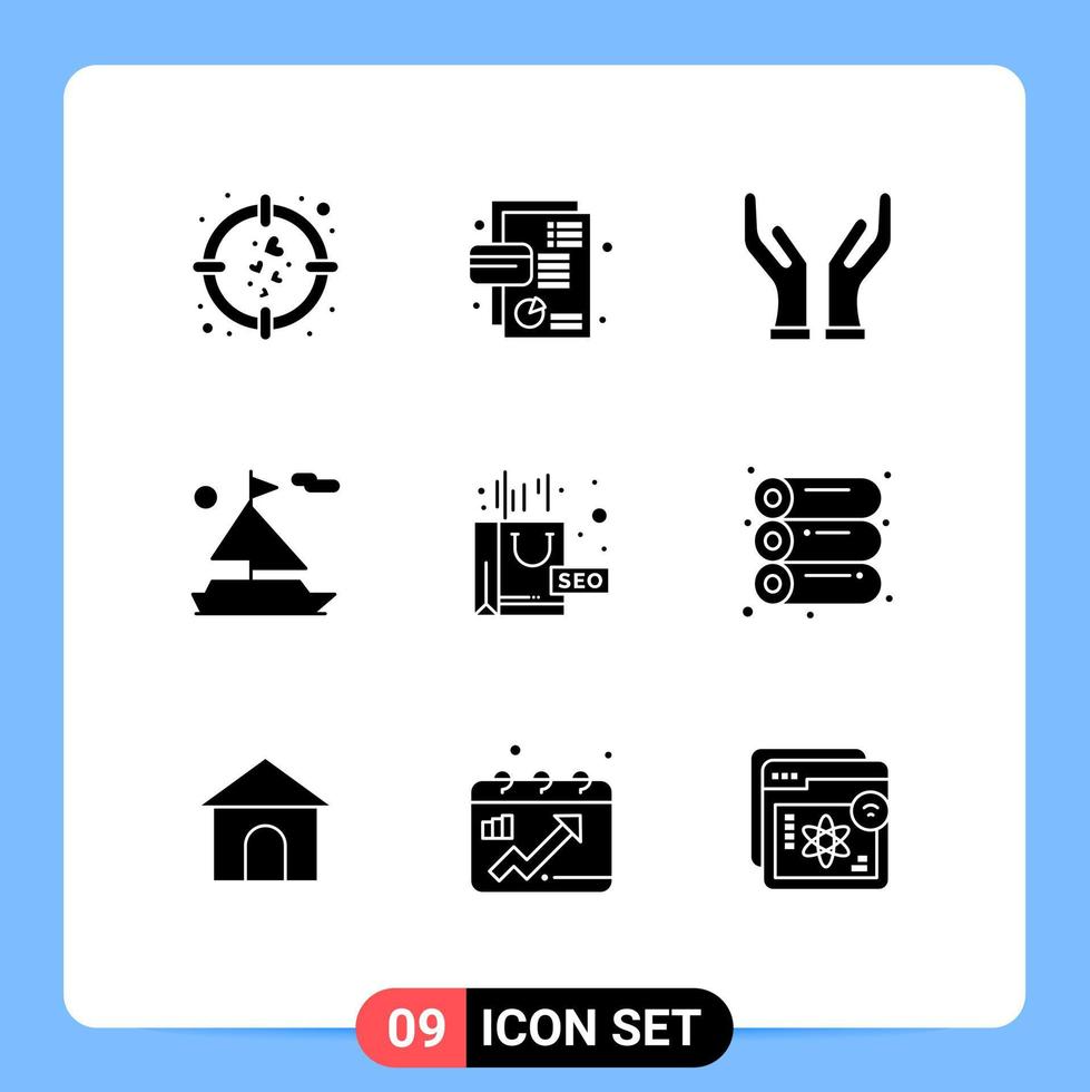 Modern Set of 9 Solid Glyphs Pictograph of seo complex pie chart ship beach Editable Vector Design Elements