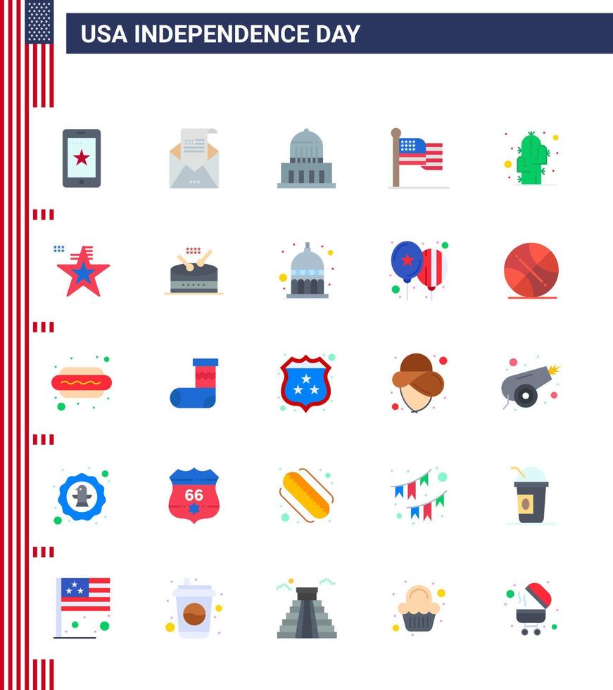 paquete plano vectorial editable del día de estados unidos 25 pisos simples de cactus bandera de correo de acción de gracias elementos de diseño vectorial editables del día de estados unidos vector