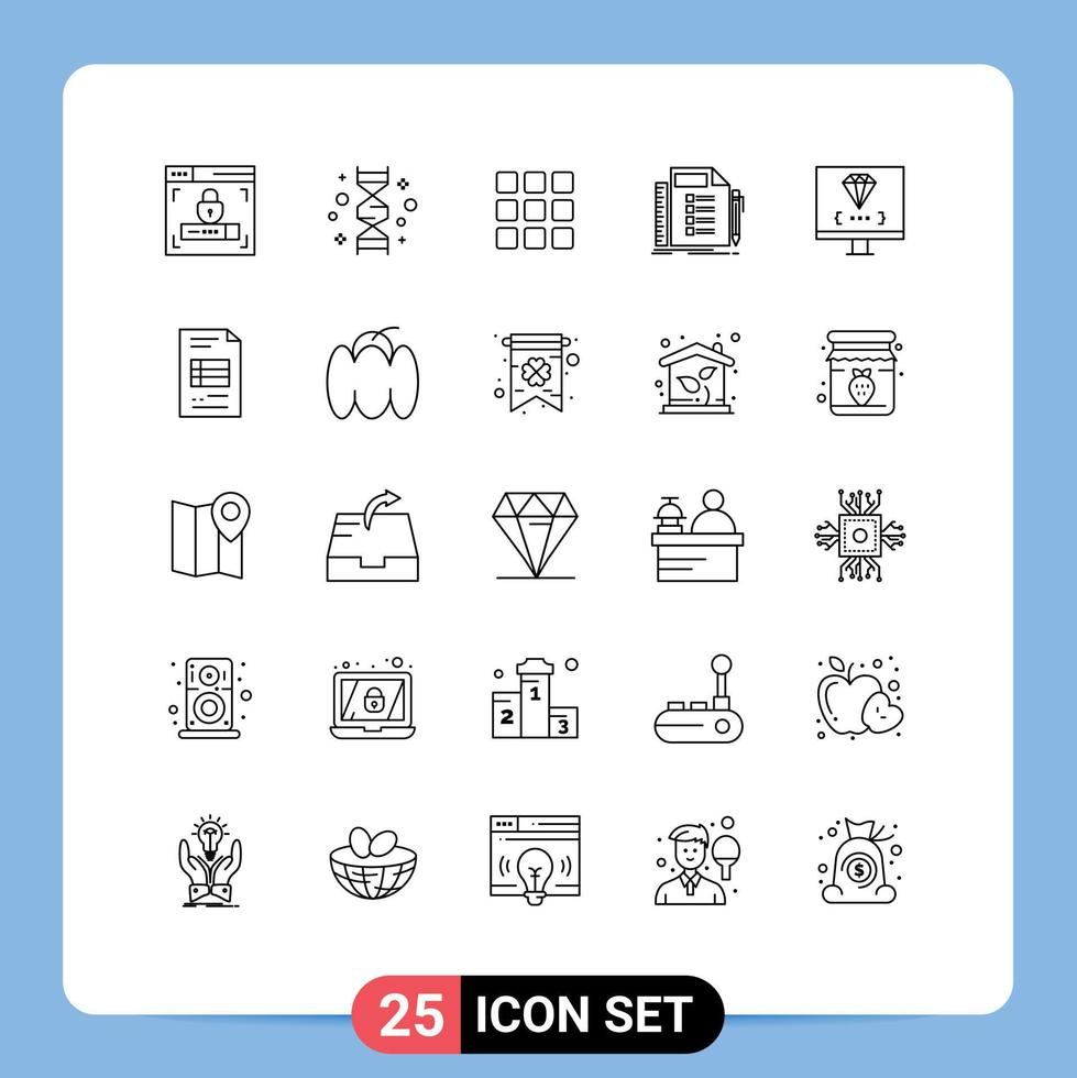 conjunto moderno de 25 líneas y símbolos, como planificación de codificación, plan web, elementos de diseño de vectores editables de negocios
