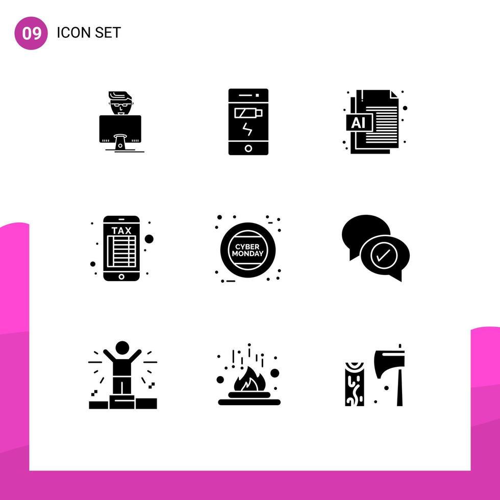 Modern Set of 9 Solid Glyphs Pictograph of sign holding ai cyber online banking Editable Vector Design Elements