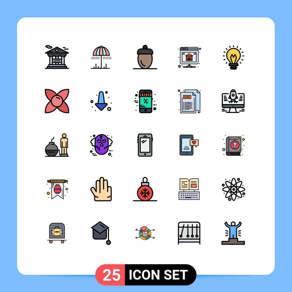 25 Filled line Flat Color concept for Websites Mobile and Apps bulb hosting acorn database green Editable Vector Design Elements