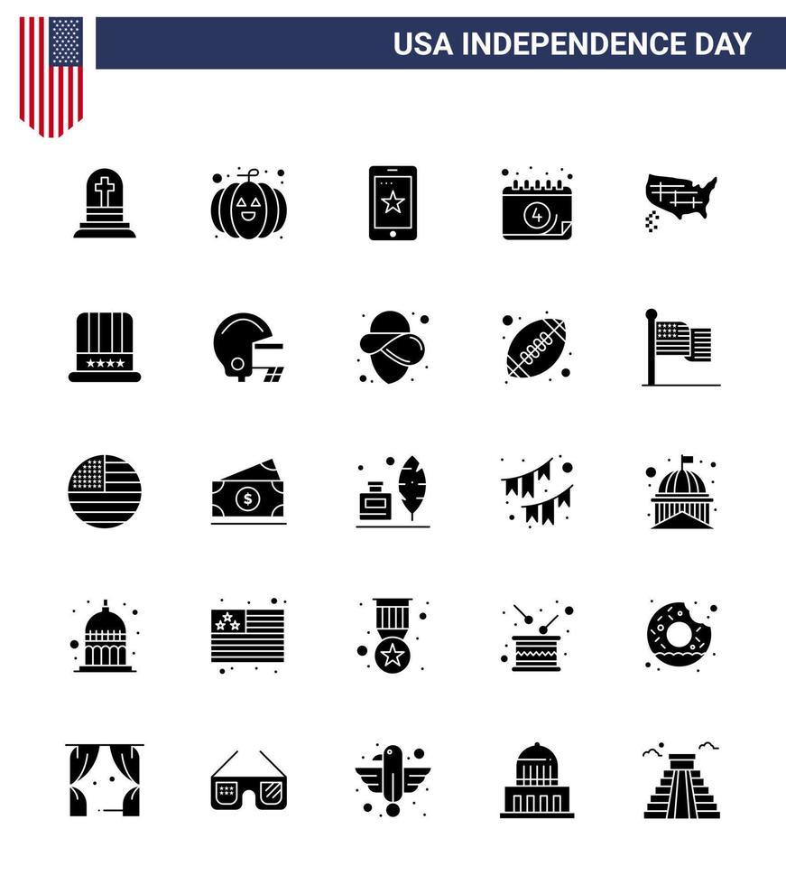 Stock Vector Icon Pack of American Day 25 Solid Glyph Signs and Symbols for united map phone day calendar Editable USA Day Vector Design Elements