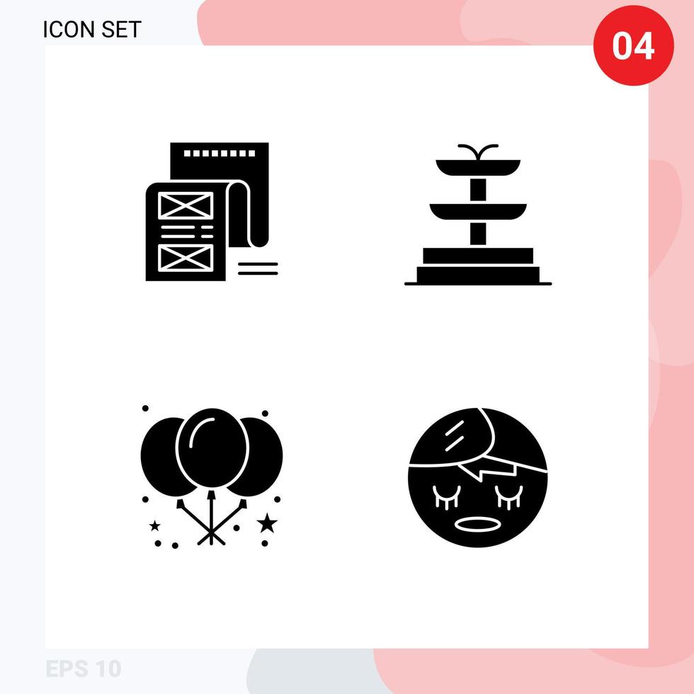 Set of 4 Modern UI Icons Symbols Signs for document party message water face Editable Vector Design Elements