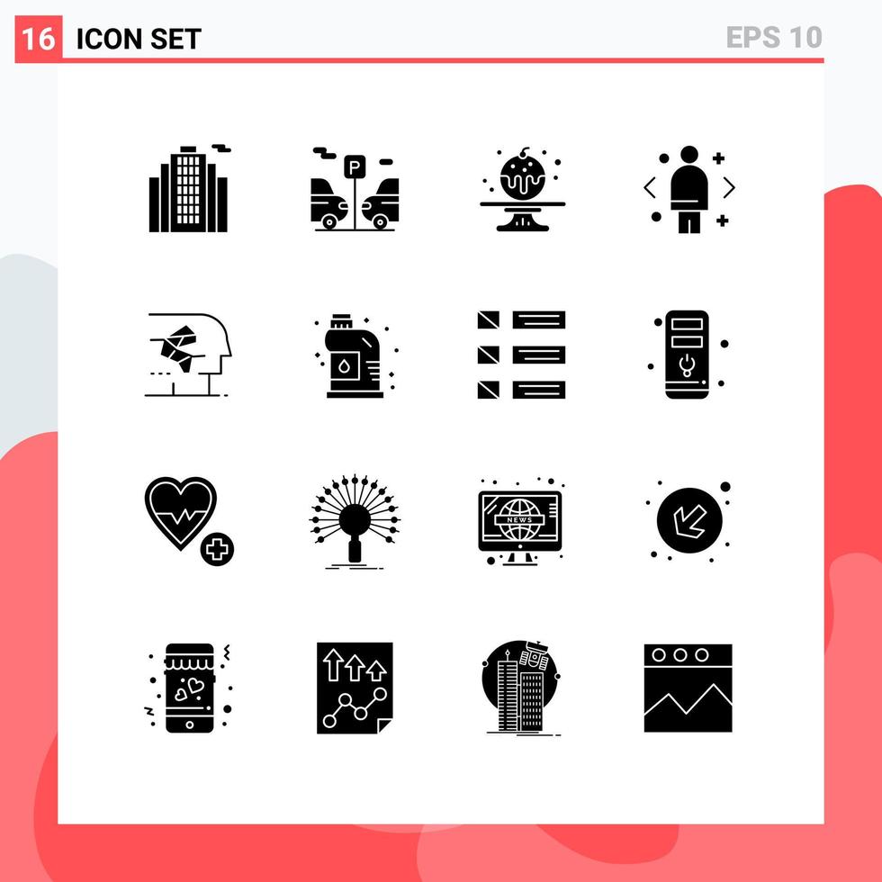User Interface Pack of 16 Basic Solid Glyphs of human artificial cake android direction Editable Vector Design Elements
