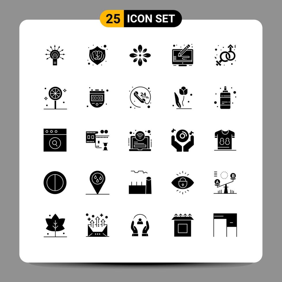 conjunto de 25 paquetes de glifos sólidos comerciales para elementos de diseño vectorial editables de decoración hindú de escudo holi de copyright vector