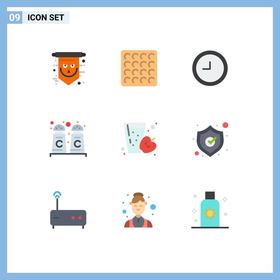 Set of 9 Vector Flat Colors on Grid for safety juice clock fruit shop Editable Vector Design Elements