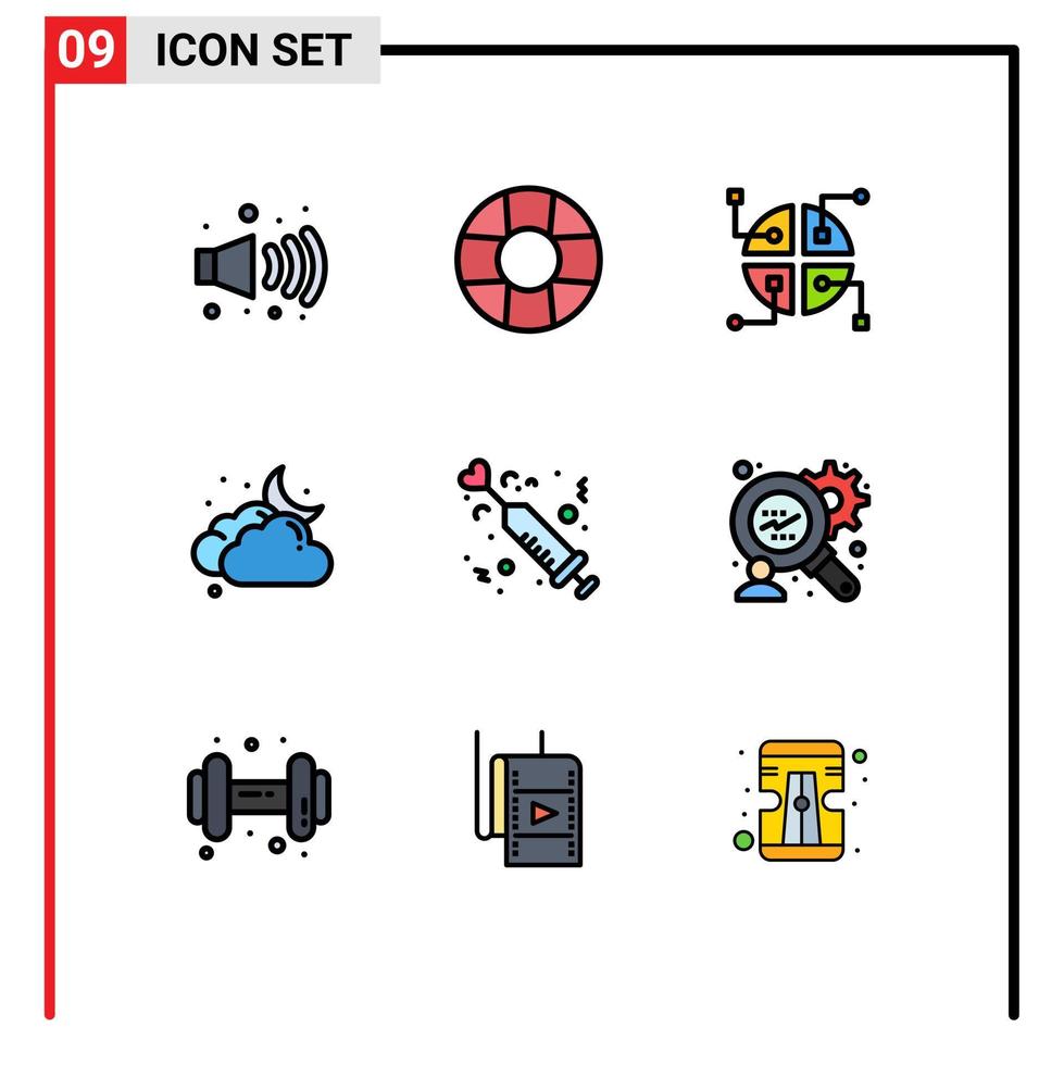 Universal Icon Symbols Group of 9 Modern Filledline Flat Colors of consumers research love cloud injection drug Editable Vector Design Elements