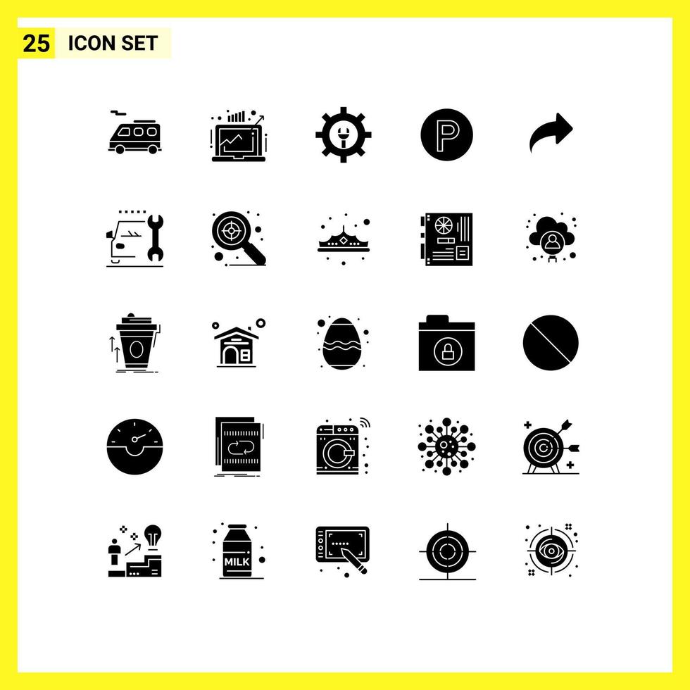 Editable Vector Line Pack of 25 Simple Solid Glyphs of forward direction gear arrow camping Editable Vector Design Elements