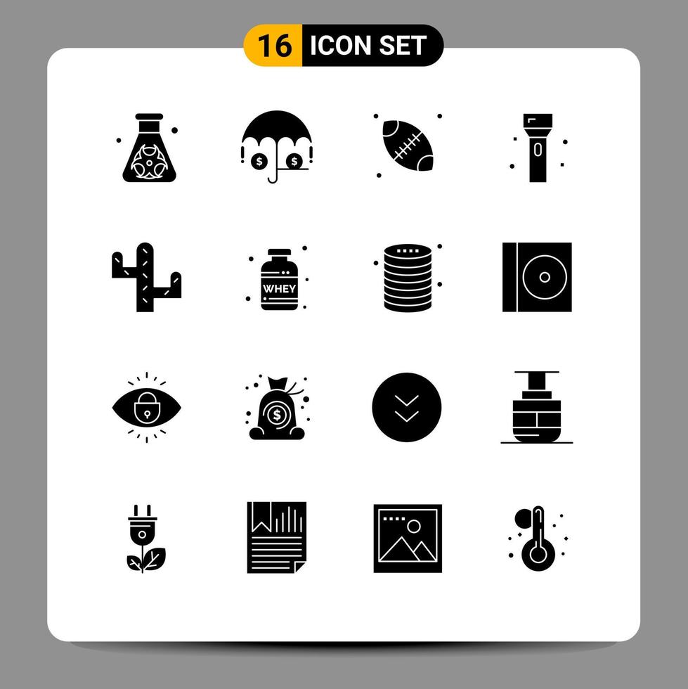 Modern Set of 16 Solid Glyphs Pictograph of nutrition cactus ball technology flashlight Editable Vector Design Elements