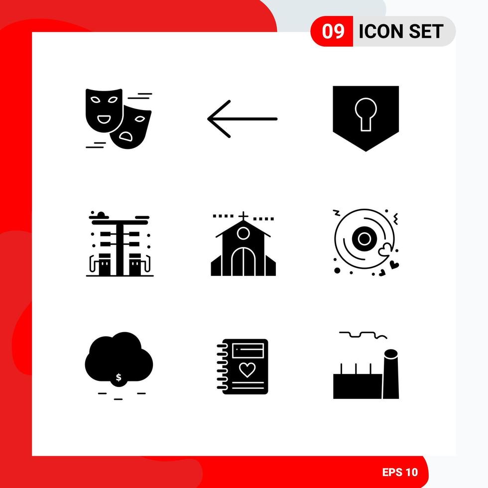 Modern Set of 9 Solid Glyphs Pictograph of event celebration security pump fuel Editable Vector Design Elements