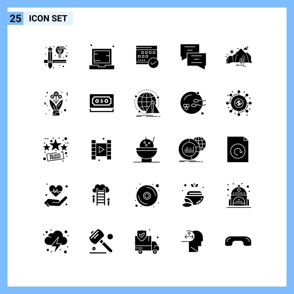 25 iconos estilo sólido símbolos de glifo creativo signo de icono sólido negro aislado sobre fondo blanco vector