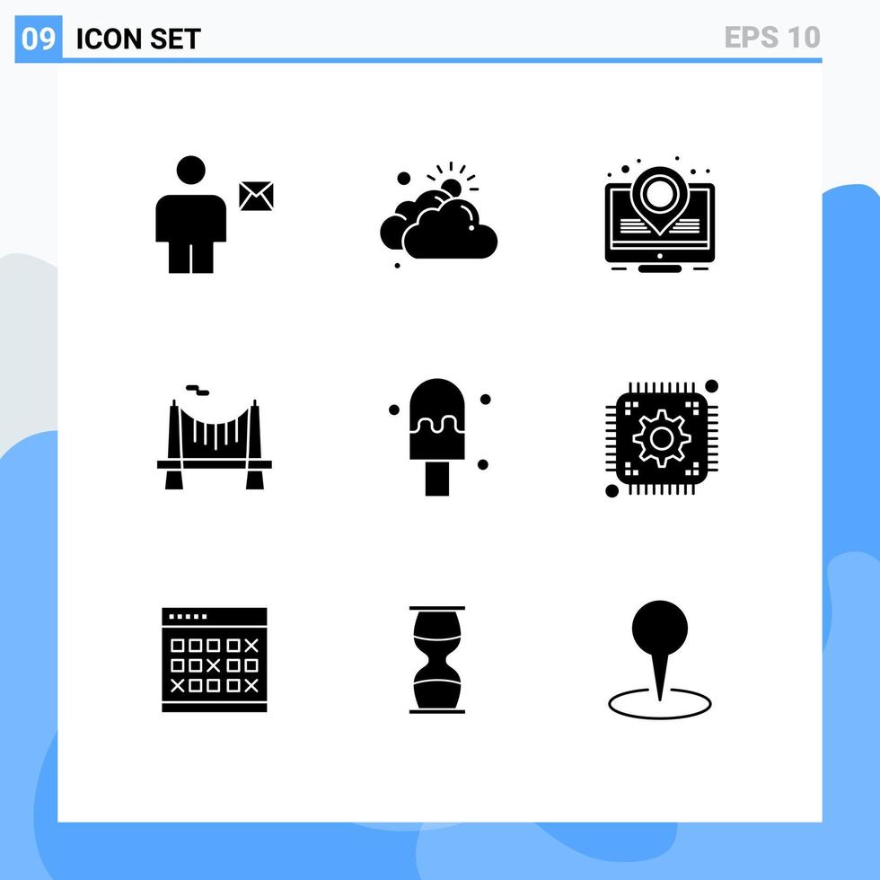 paquete de líneas vectoriales editables de 9 glifos sólidos simples de elementos de diseño vectorial editables del puente del río del sol de la carretera de hielo vector