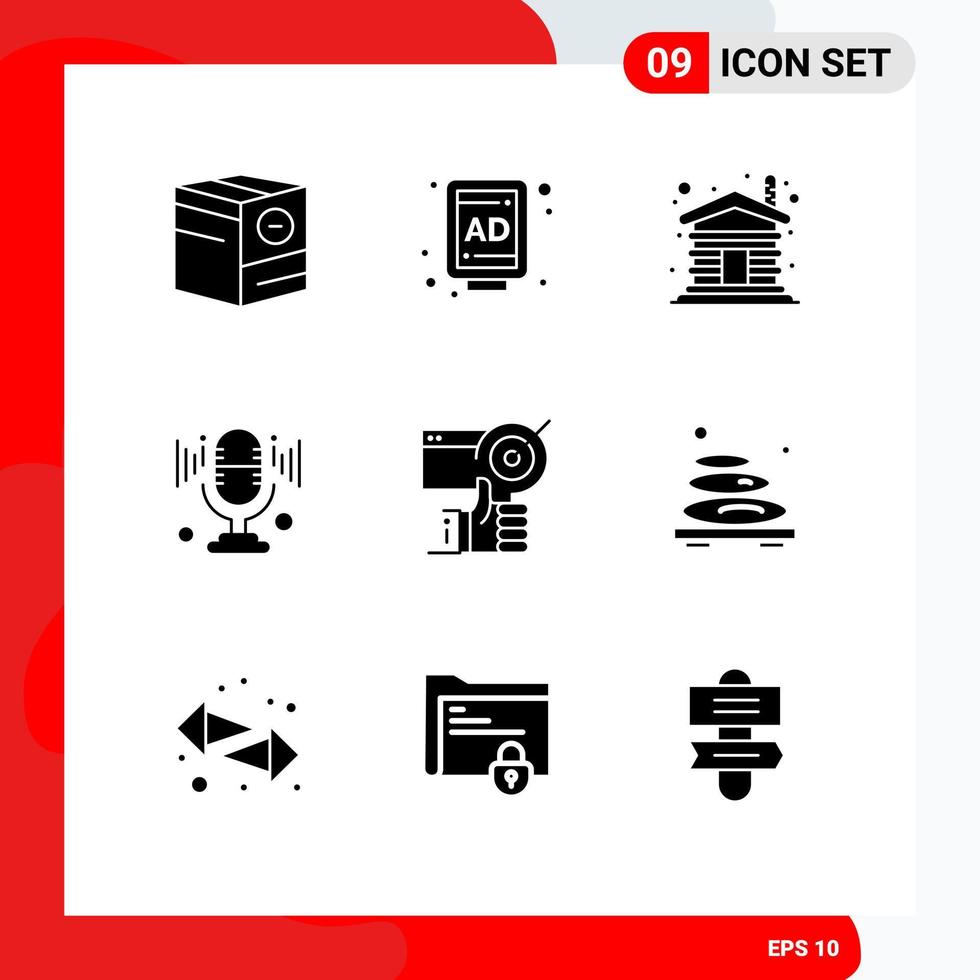 Editable Vector Line Pack of 9 Simple Solid Glyphs of user target house sound mic Editable Vector Design Elements
