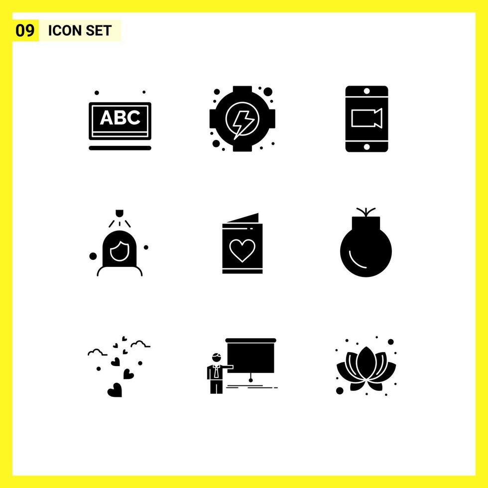 Modern Set of 9 Solid Glyphs Pictograph of heart love video card wash Editable Vector Design Elements