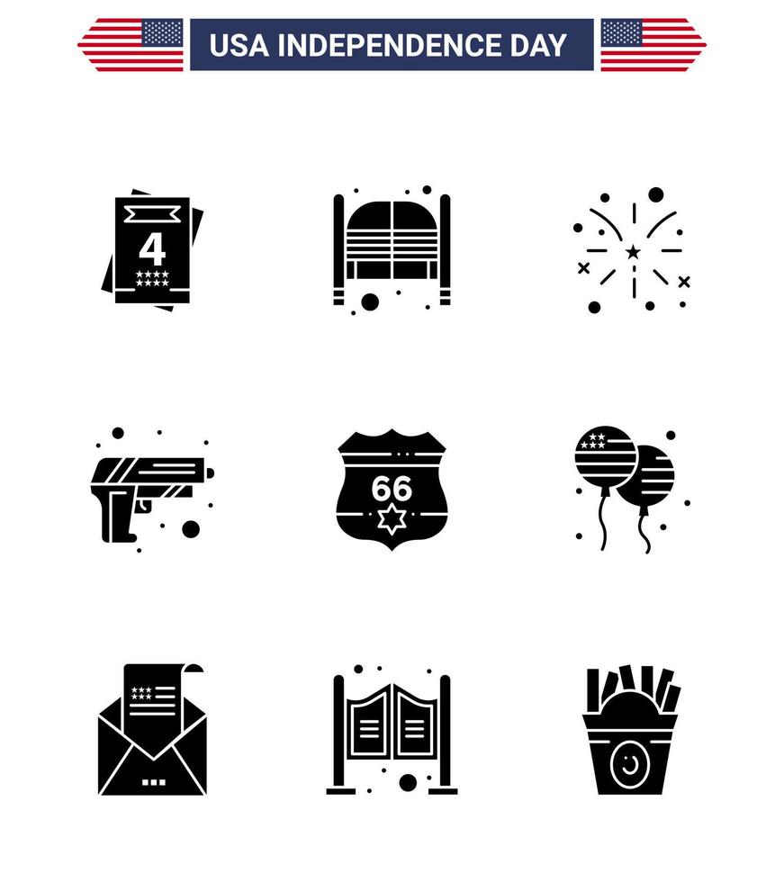 Group of 9 Solid Glyphs Set for Independence day of United States of America such as shield weapon firework army gun Editable USA Day Vector Design Elements