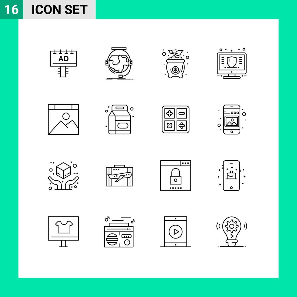 Group of 16 Modern Outlines Set for protect marketing support management money Editable Vector Design Elements