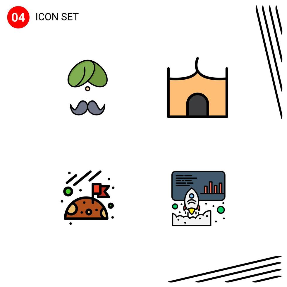 Filledline Flat Color Pack of 4 Universal Symbols of hindu castle tower man turba medieval Editable Vector Design Elements