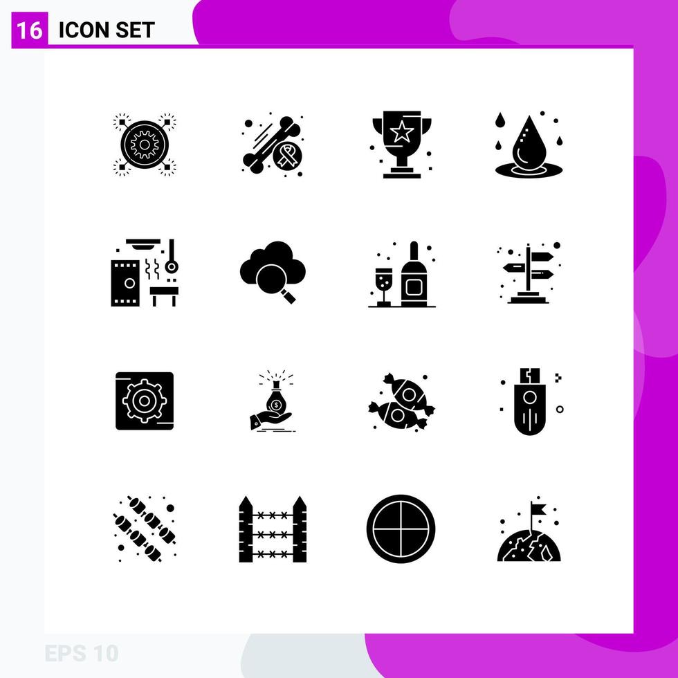 Mobile Interface Solid Glyph Set of 16 Pictograms of liquid drop day sport game Editable Vector Design Elements