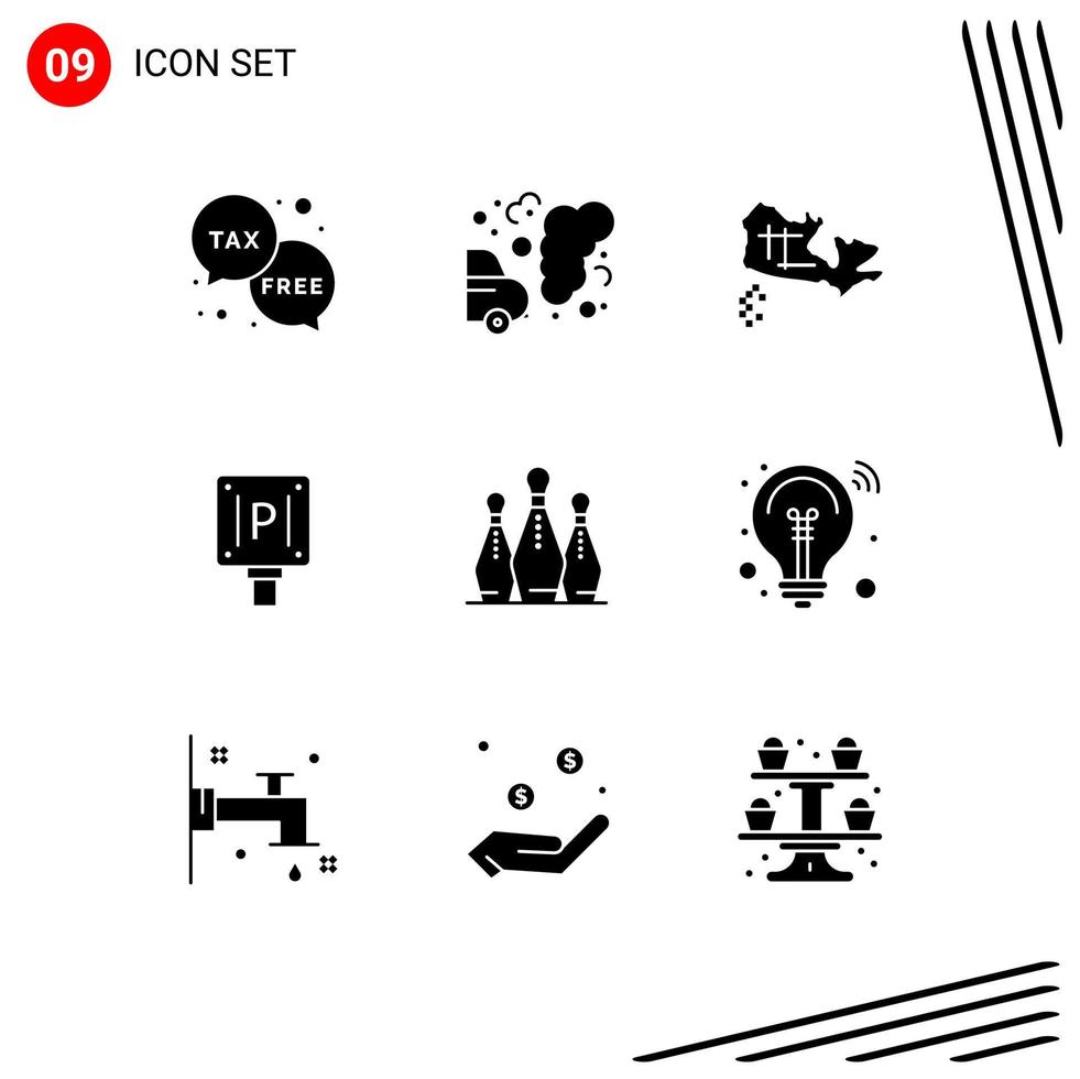 Set of 9 Modern UI Icons Symbols Signs for game hotel pollution sign parking Editable Vector Design Elements