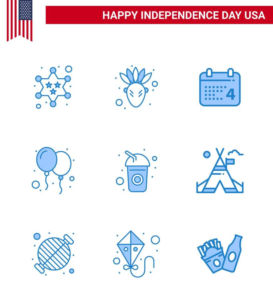 USA Happy Independence DayPictogram Set of 9 Simple Blues of drink bottle day party celebrate Editable USA Day Vector Design Elements