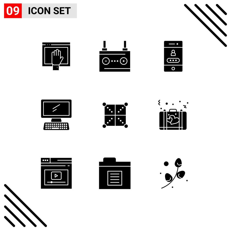 Mobile Interface Solid Glyph Set of 9 Pictograms of keyboard monitor electricity computer password Editable Vector Design Elements