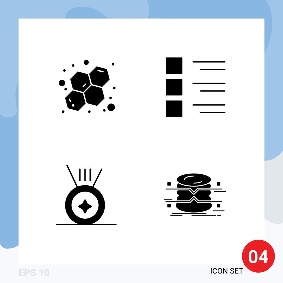 conjunto moderno de 4 glifos y símbolos sólidos, como elementos de diseño de vectores editables de datos de menú de lista de verificación de deportes atómicos