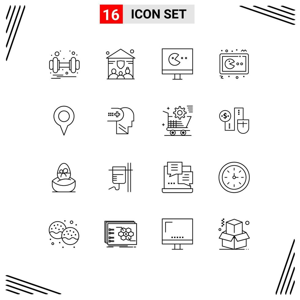 16 User Interface Outline Pack of modern Signs and Symbols of map geo location monitor console gaming Editable Vector Design Elements