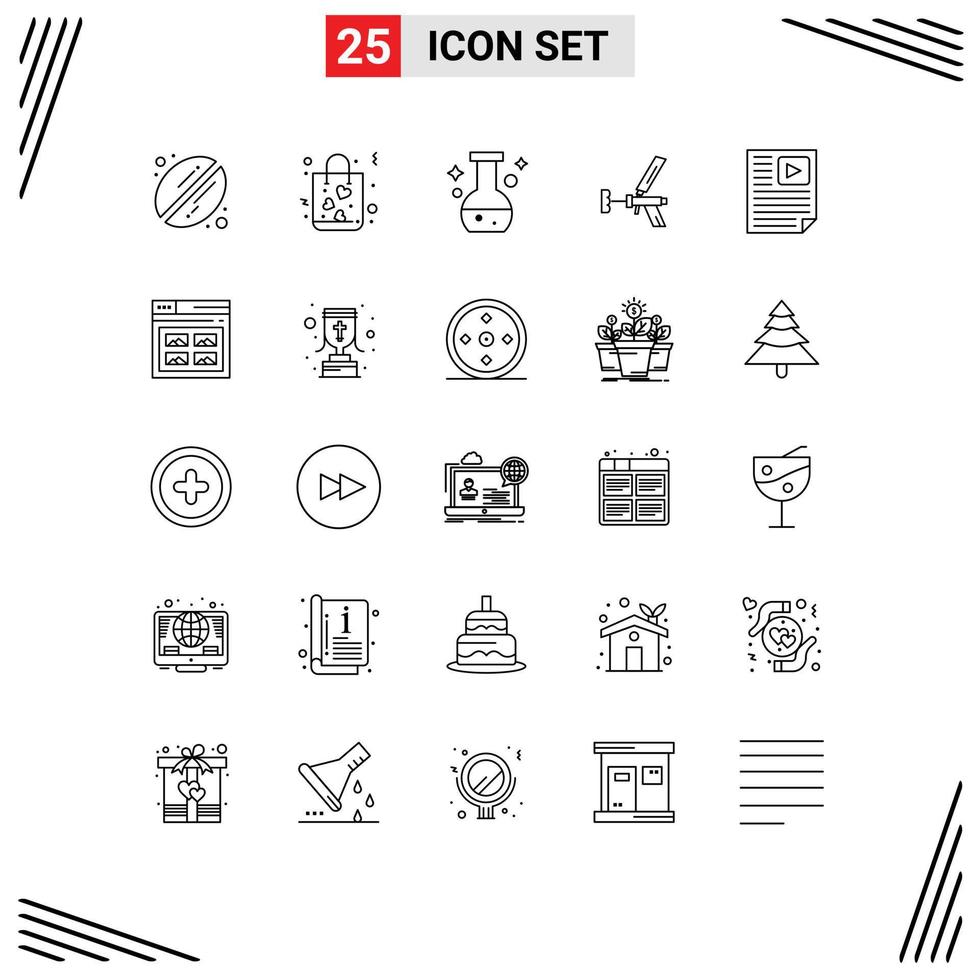 User Interface Pack of 25 Basic Lines of gun repair flask foam building Editable Vector Design Elements