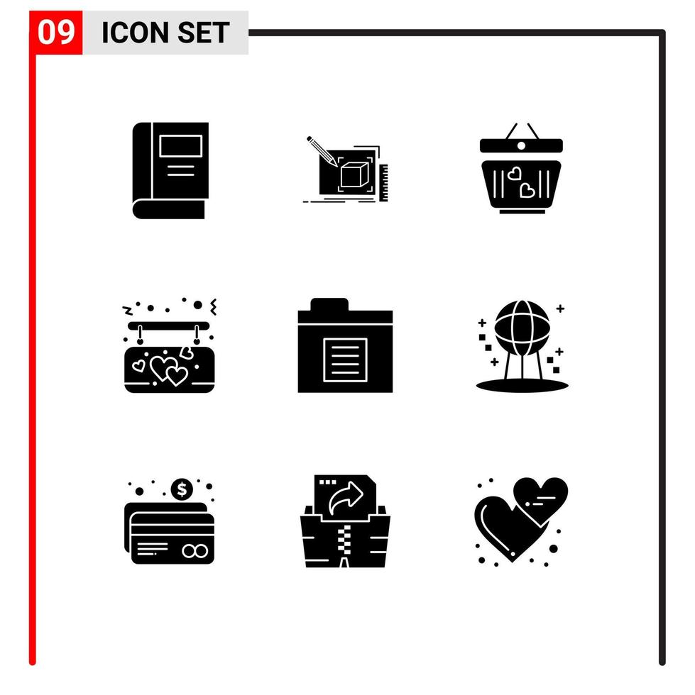 conjunto moderno de 9 glifos y símbolos sólidos, como elementos de diseño de vectores editables para bodas en tableros colgantes de documentos