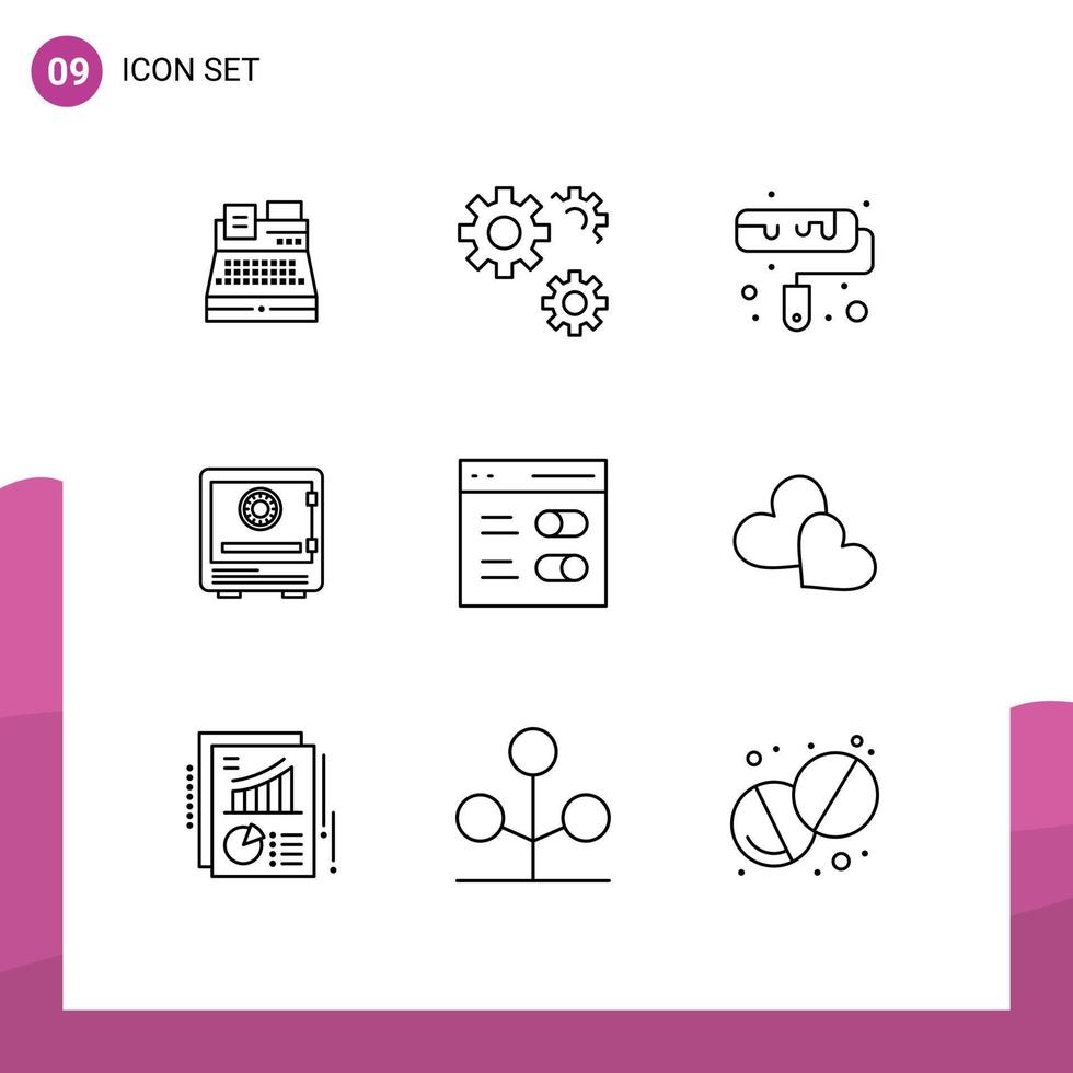 Universal Icon Symbols Group of 9 Modern Outlines of security money brush lock bank Editable Vector Design Elements