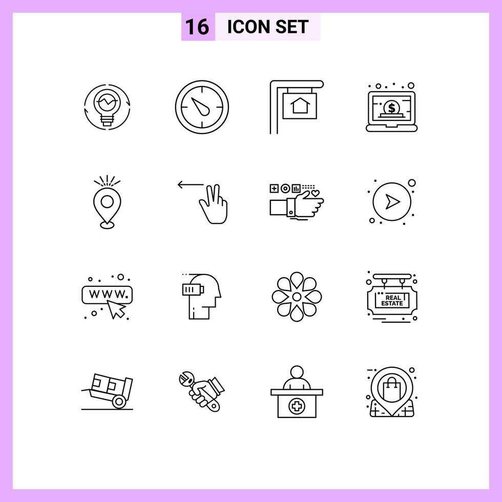 Group of 16 Outlines Signs and Symbols for online laptop time dollar sign Editable Vector Design Elements