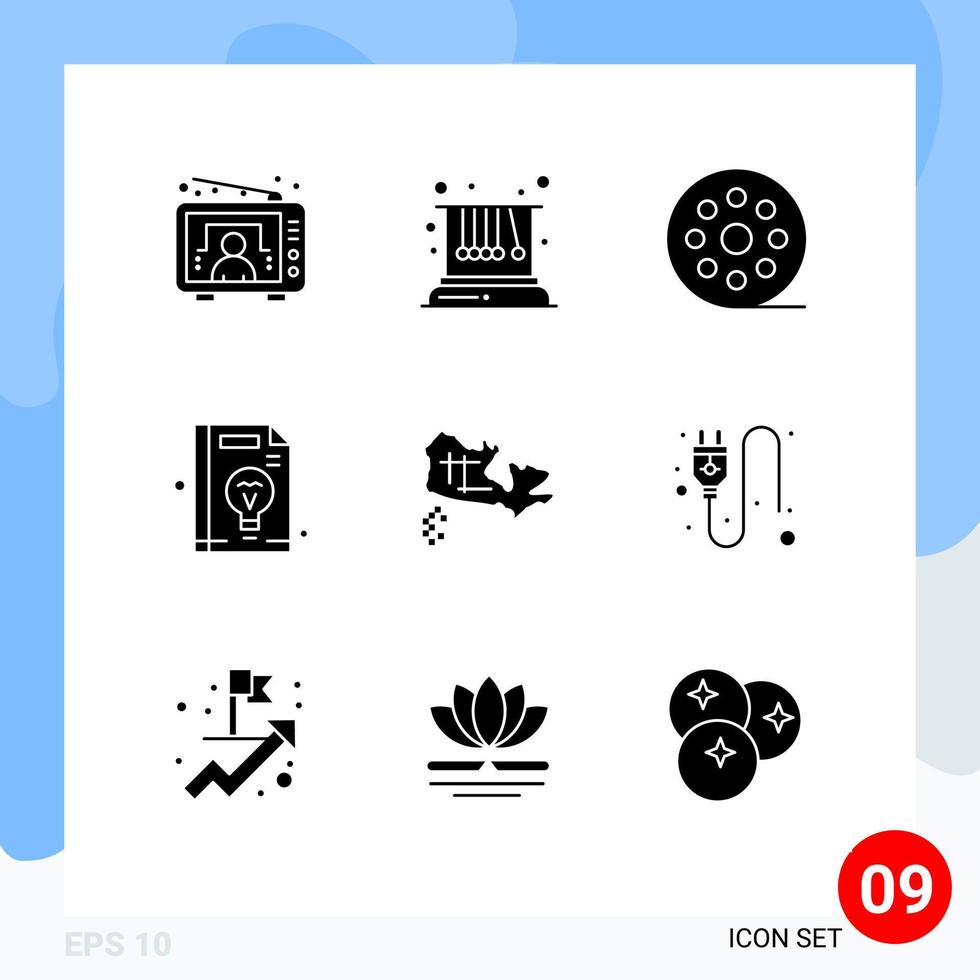 Pack of 9 creative Solid Glyphs of map idea cinema management business Editable Vector Design Elements
