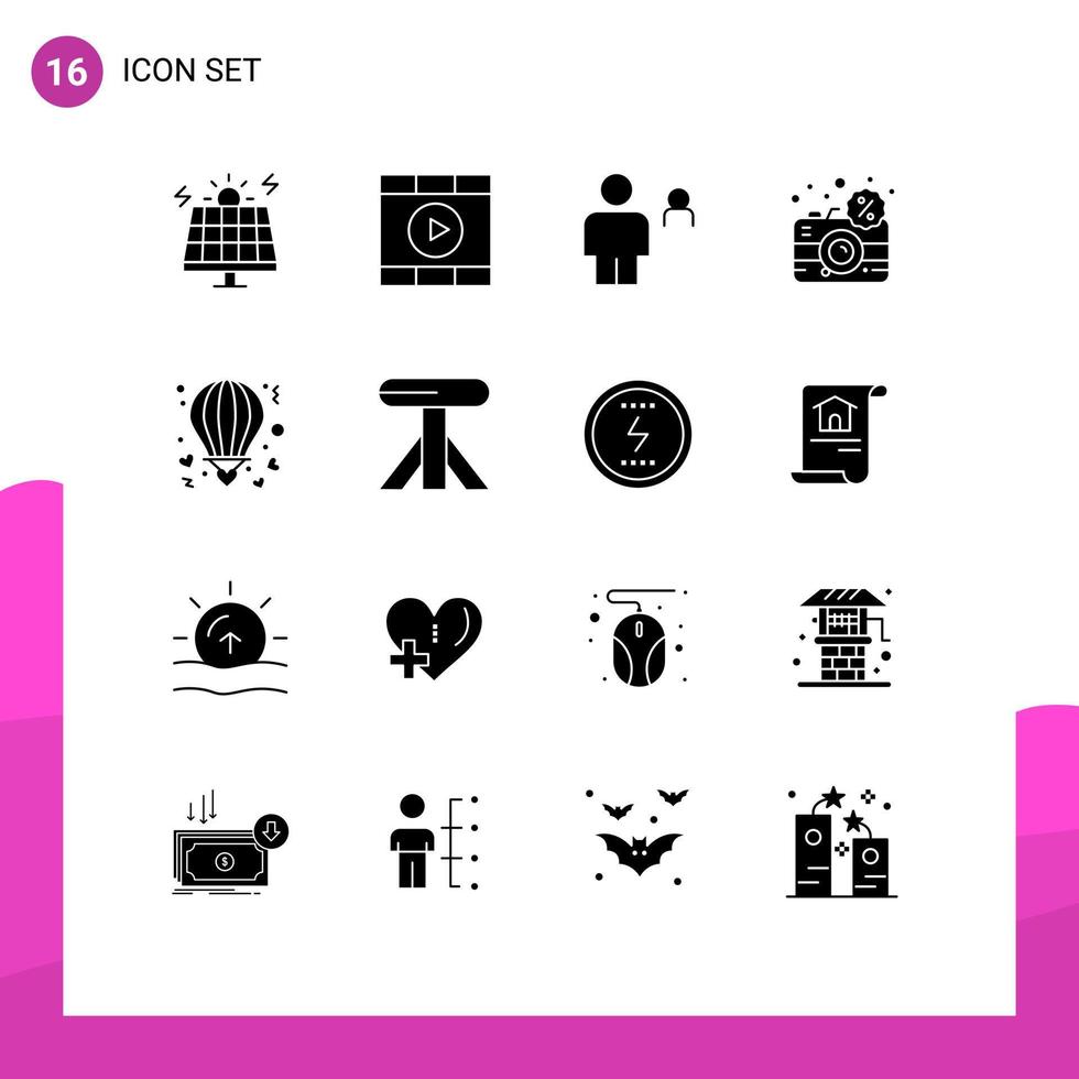 Editable Vector Line Pack of 16 Simple Solid Glyphs of electronic discount avatar digital person Editable Vector Design Elements