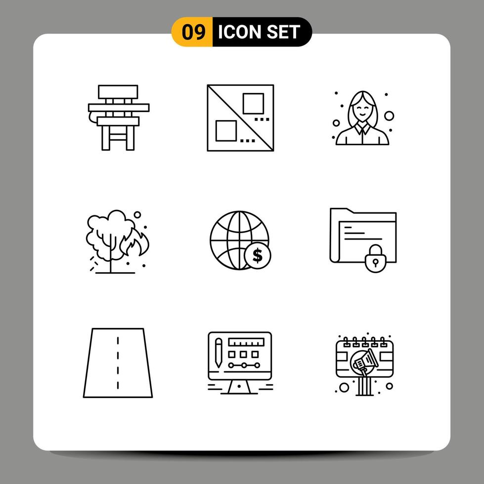 Pictogram Set of 9 Simple Outlines of globe pollution avatar green energy Editable Vector Design Elements