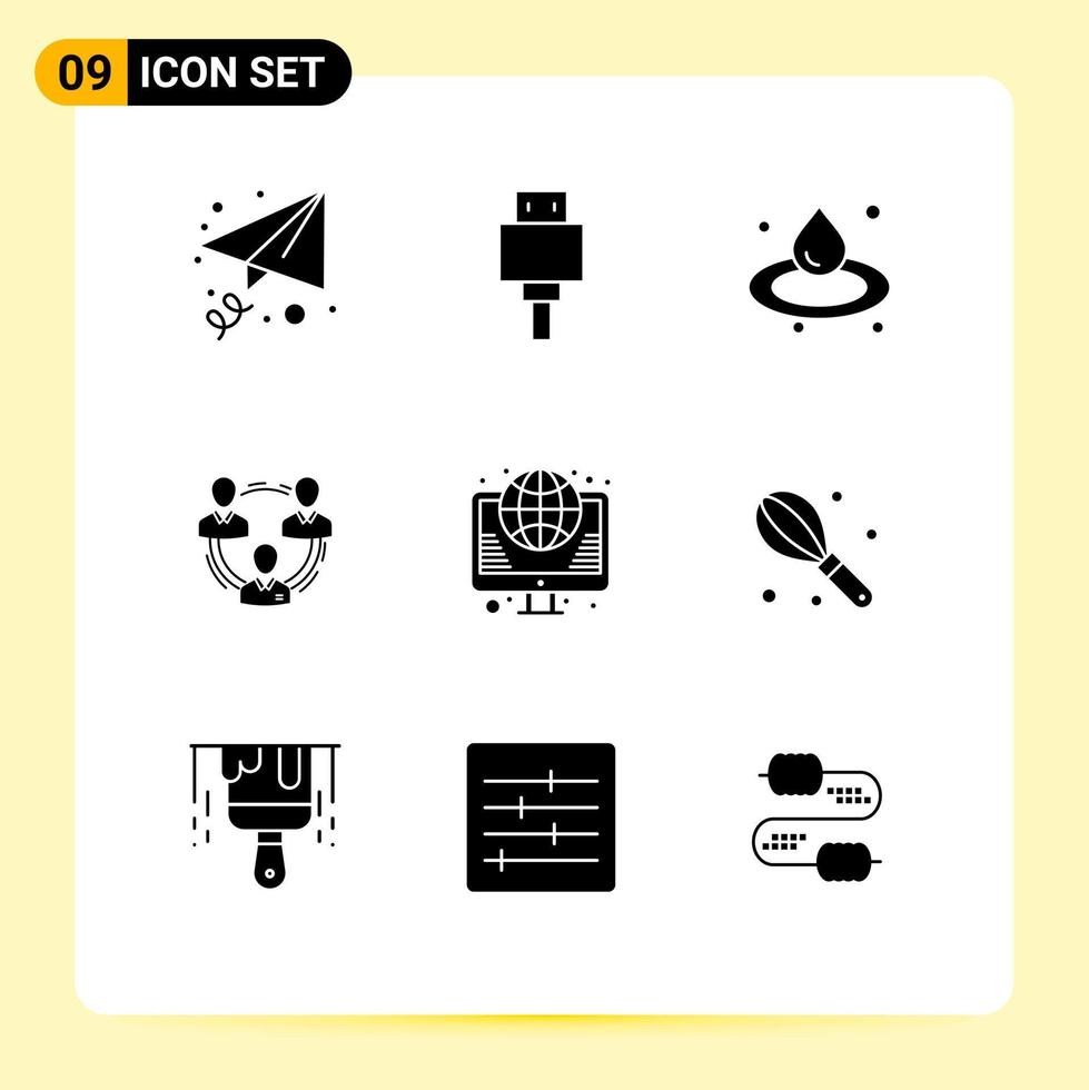 Mobile Interface Solid Glyph Set of 9 Pictograms of globe social droop people communication Editable Vector Design Elements