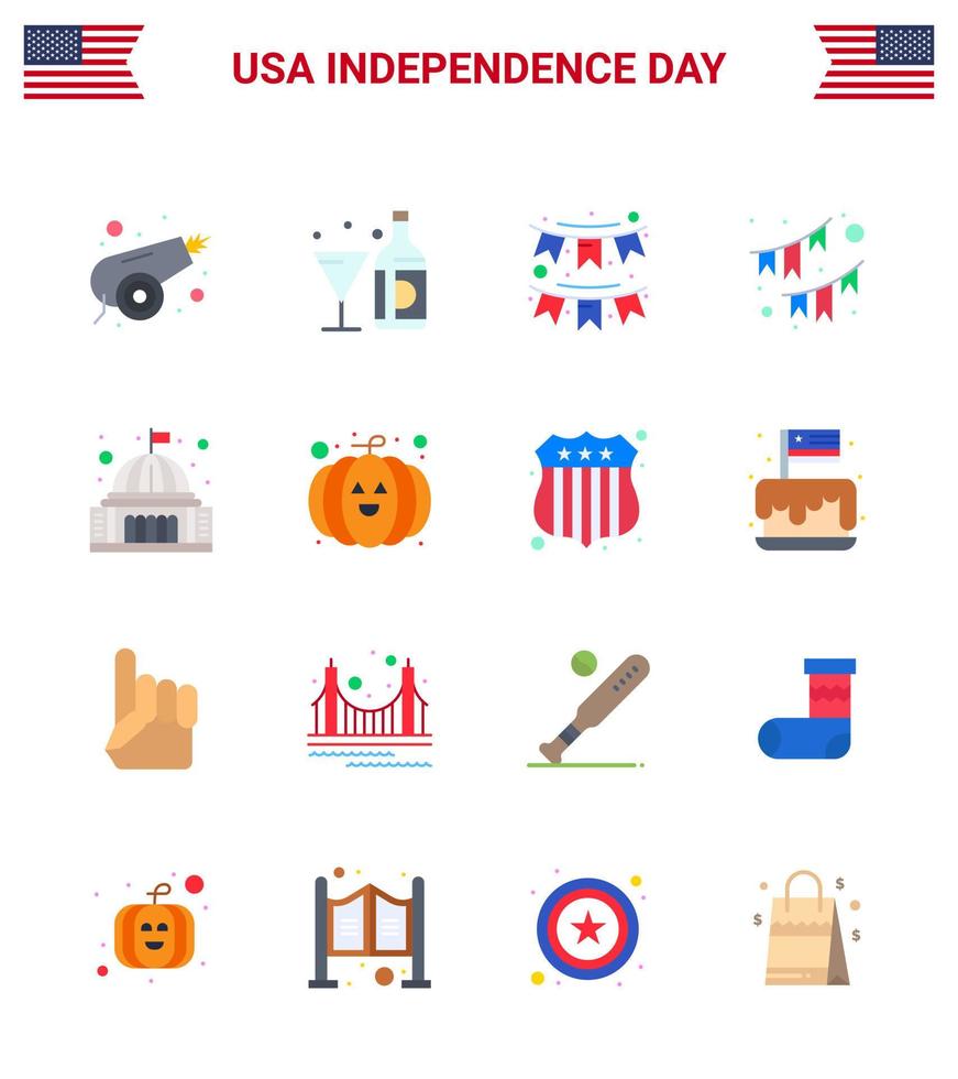 USA Happy Independence DayPictogram Set of 16 Simple Flats of landmark building glass place party Editable USA Day Vector Design Elements