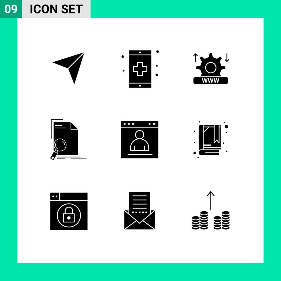 Universal Icon Symbols Group of 9 Modern Solid Glyphs of page file health document setting Editable Vector Design Elements