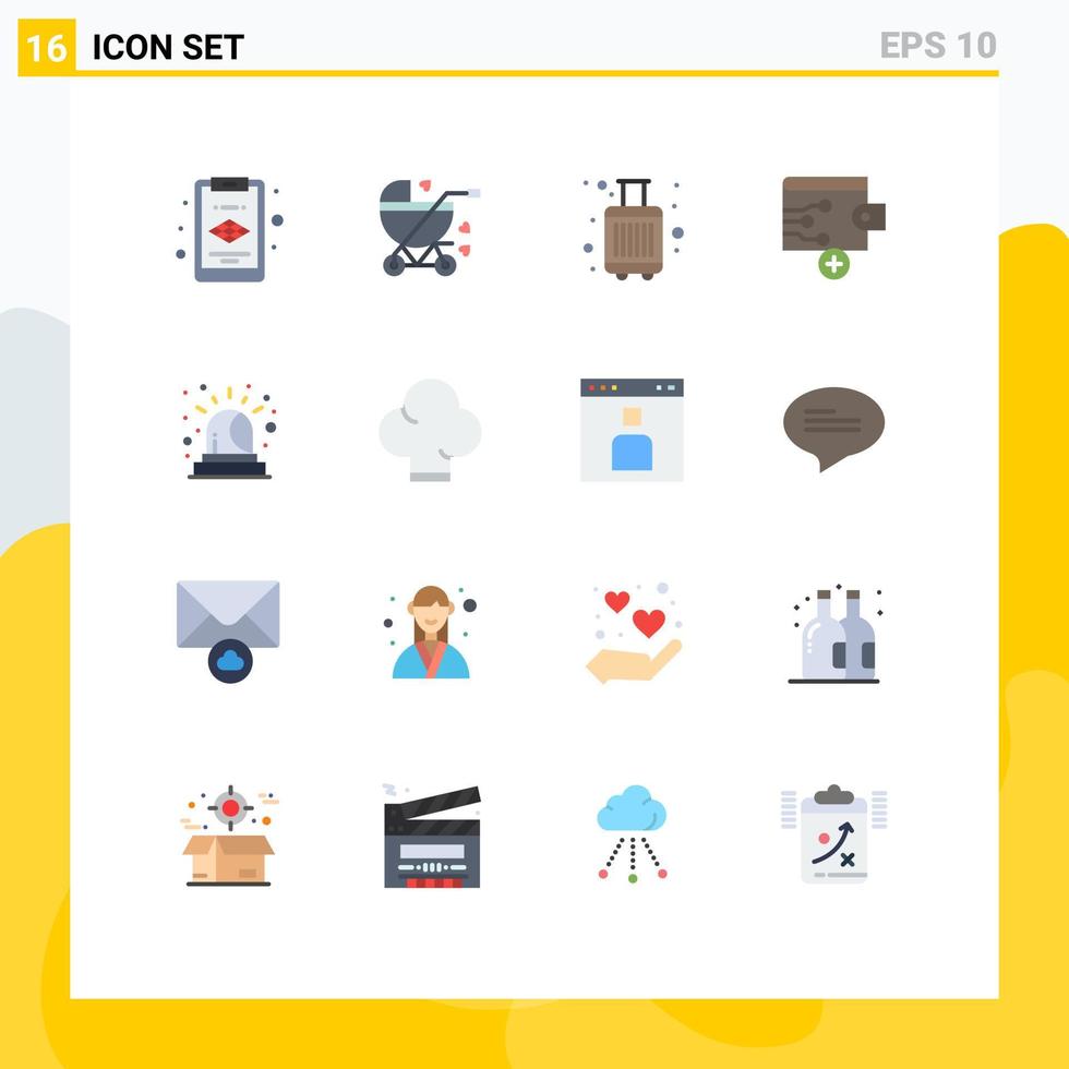 16 User Interface Flat Color Pack of modern Signs and Symbols of food siren luggage emergency wallet Editable Pack of Creative Vector Design Elements