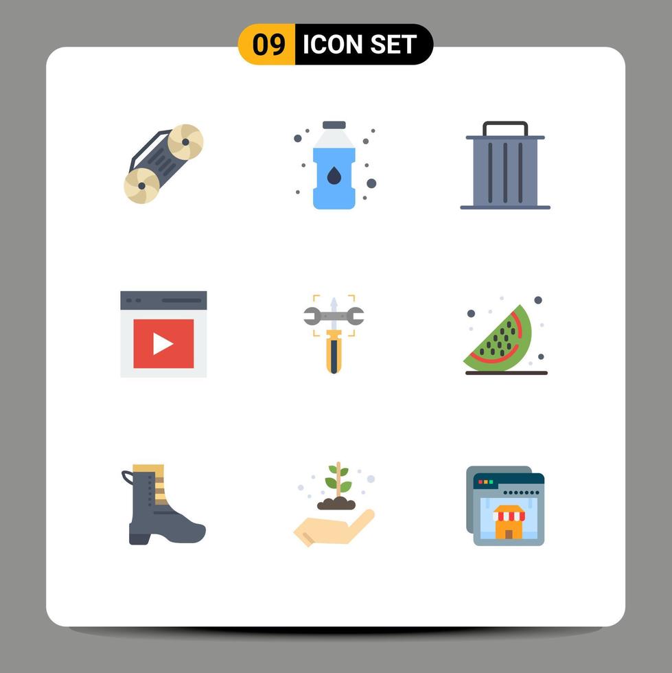 Flat Color Pack of 9 Universal Symbols of gear vide recycle user content Editable Vector Design Elements
